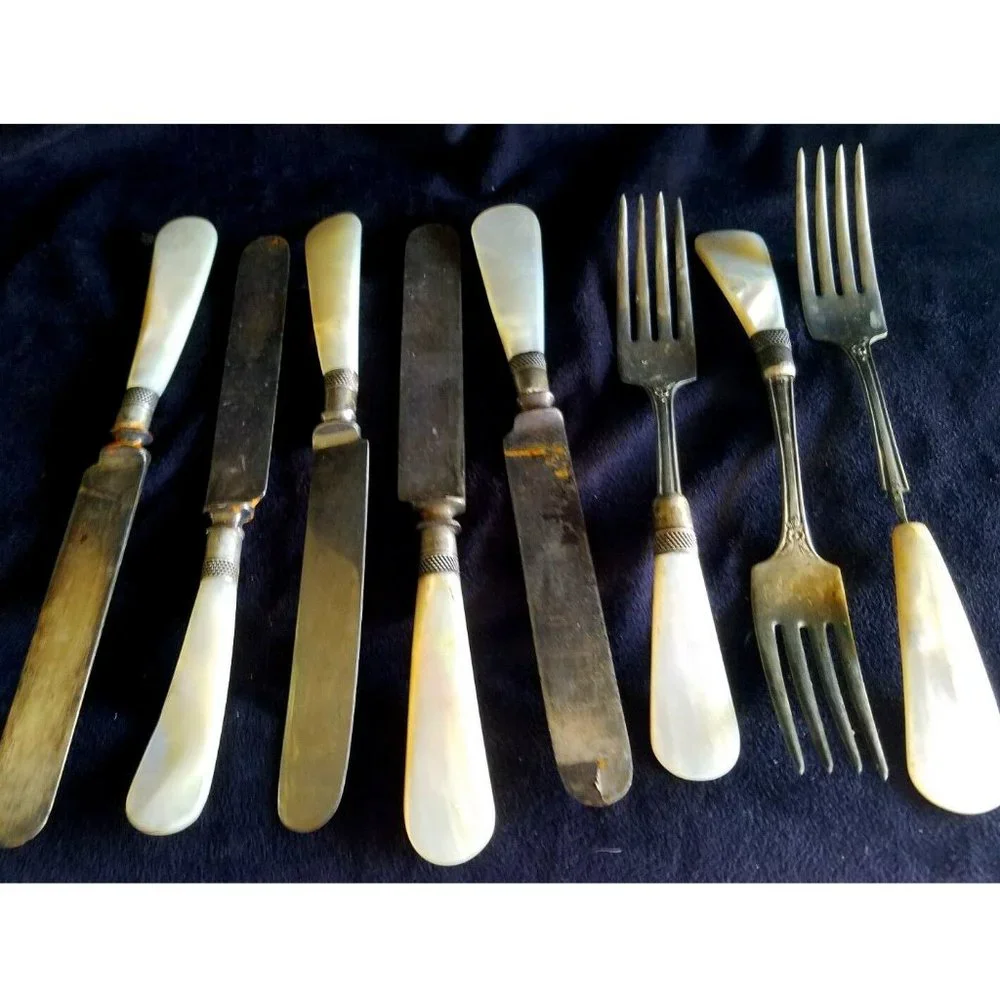 ANTIQUE SHEFFIELD A.1.PLATE 5 Knifes + 3 Forks MOTHER PEARL HANDLE STERLING CAP